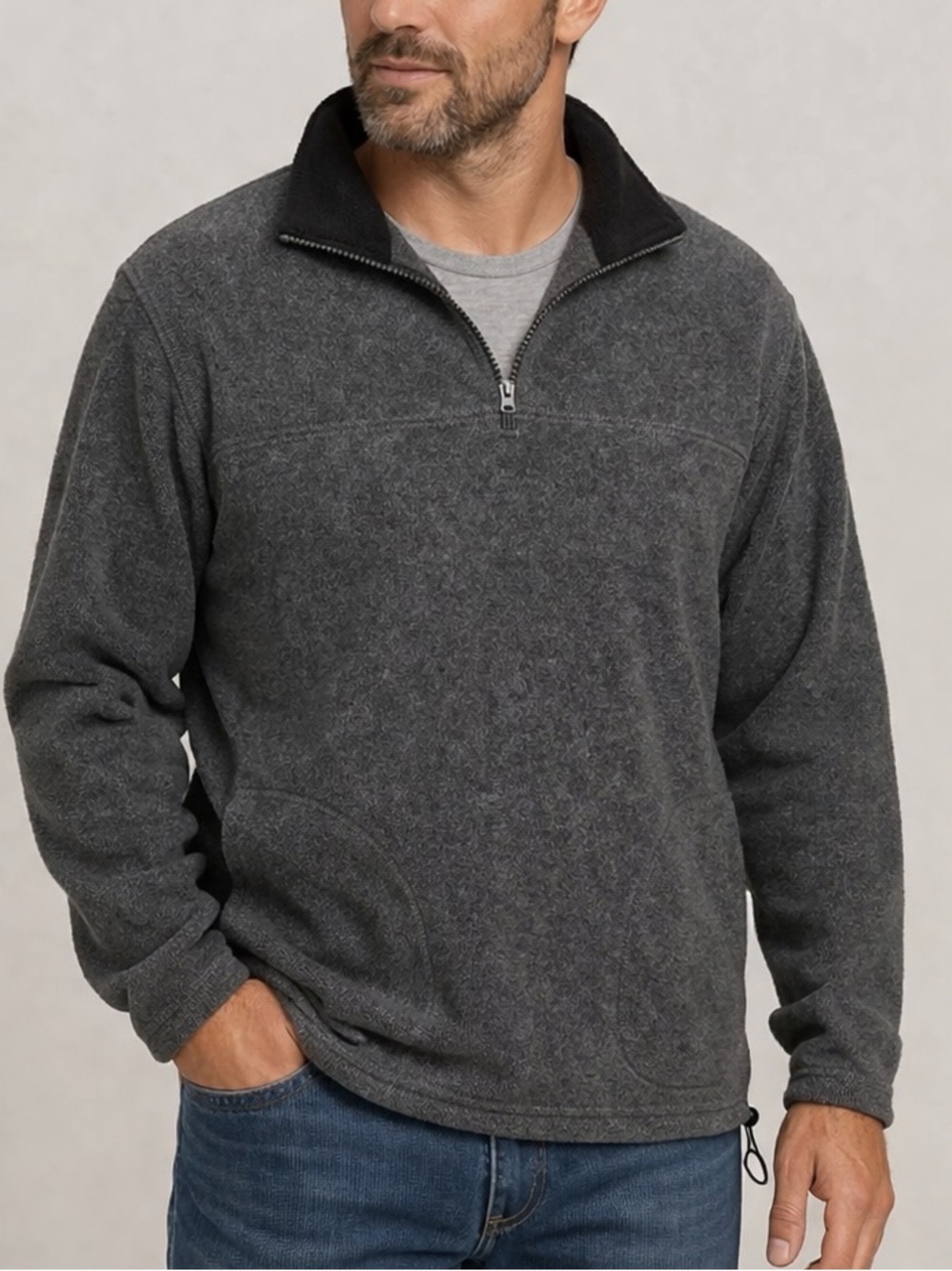 Men’s Fleece Quarter Zip Pullover XXL Gray Soft Warm Drawstring Hem